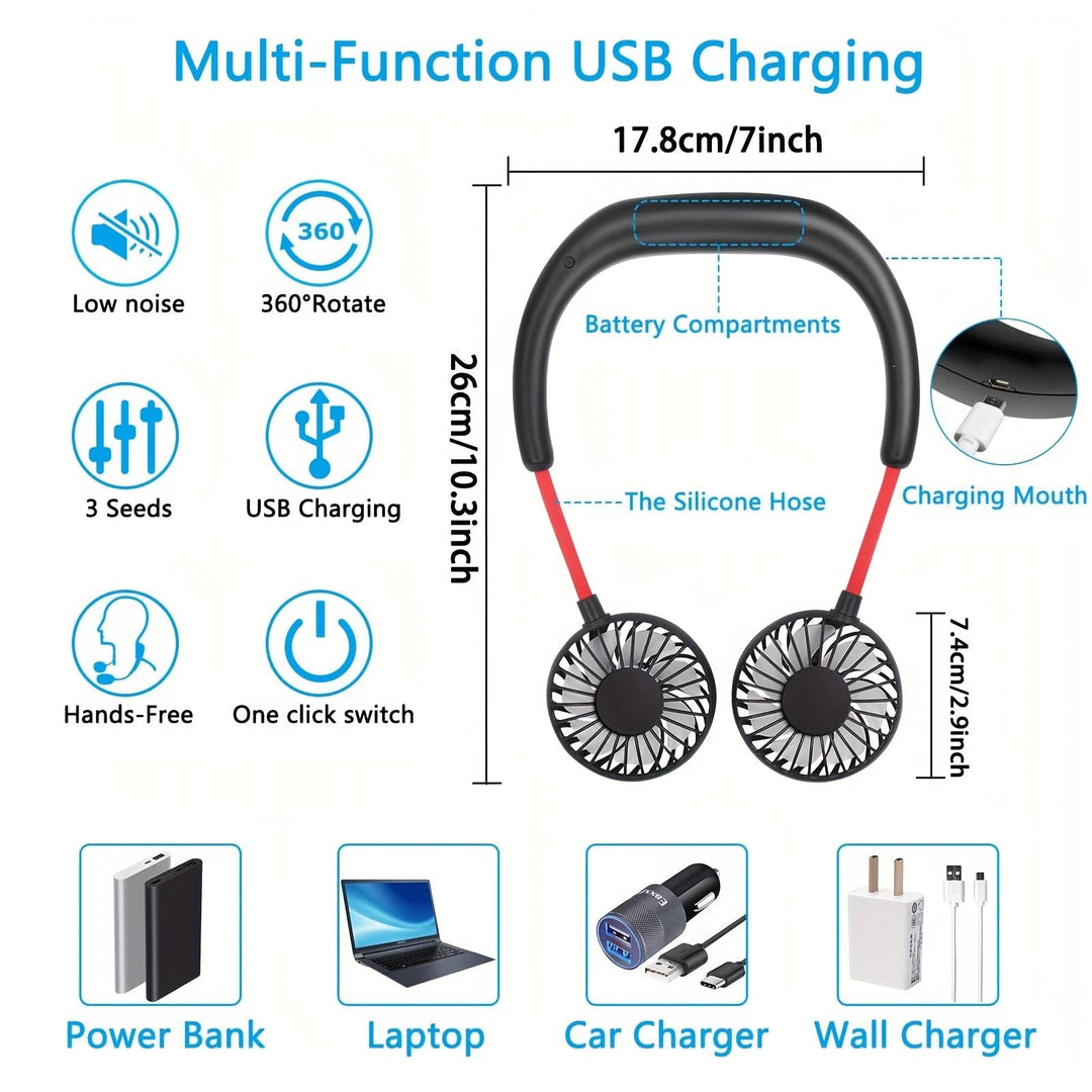 1pc USB wiederaufladbarer tragbarer Nackenventilator - Hands-free persönlicher Tragelüfter mit 360° verstellbaren 3-Geschwindigkeitsstufen für Reisen, Büro, Zuhause und Outdoor-Nutzung | Karnz