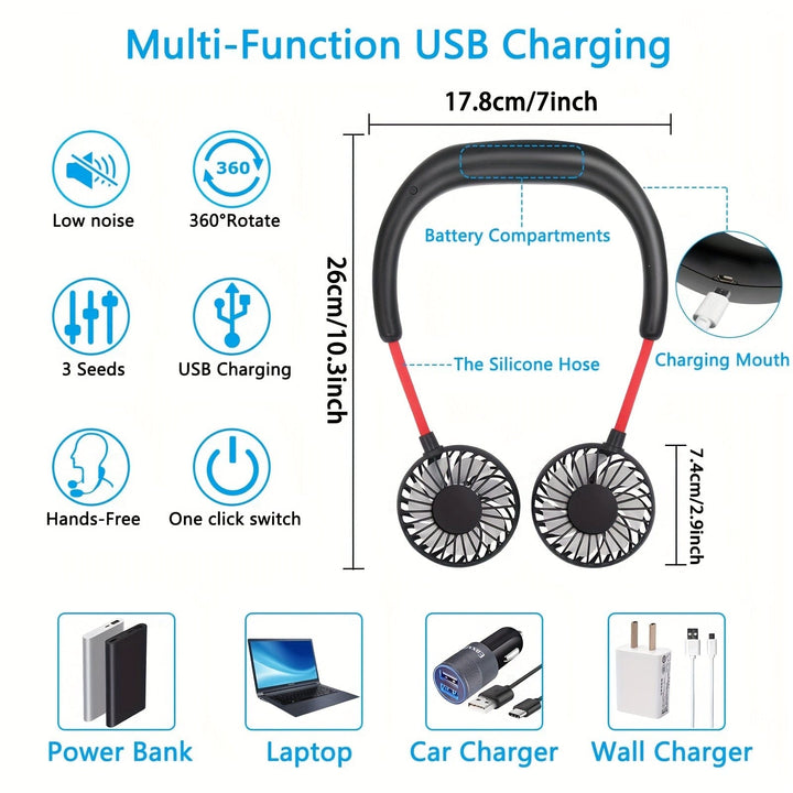 1pc USB wiederaufladbarer tragbarer Nackenventilator - Hands-free persönlicher Tragelüfter mit 360° verstellbaren 3-Geschwindigkeitsstufen für Reisen, Büro, Zuhause und Outdoor-Nutzung | Karnz