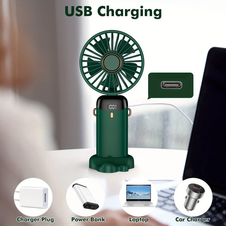 Tragbarer Handheld Mini Ventilator USB wiederaufladbar mit LED-Display 5 Geschwindigkeiten 90° faltbar batteriebetrieben für Büro Schlafzimmer Outdoor Reisen Camping Schulbedarf | Karnz