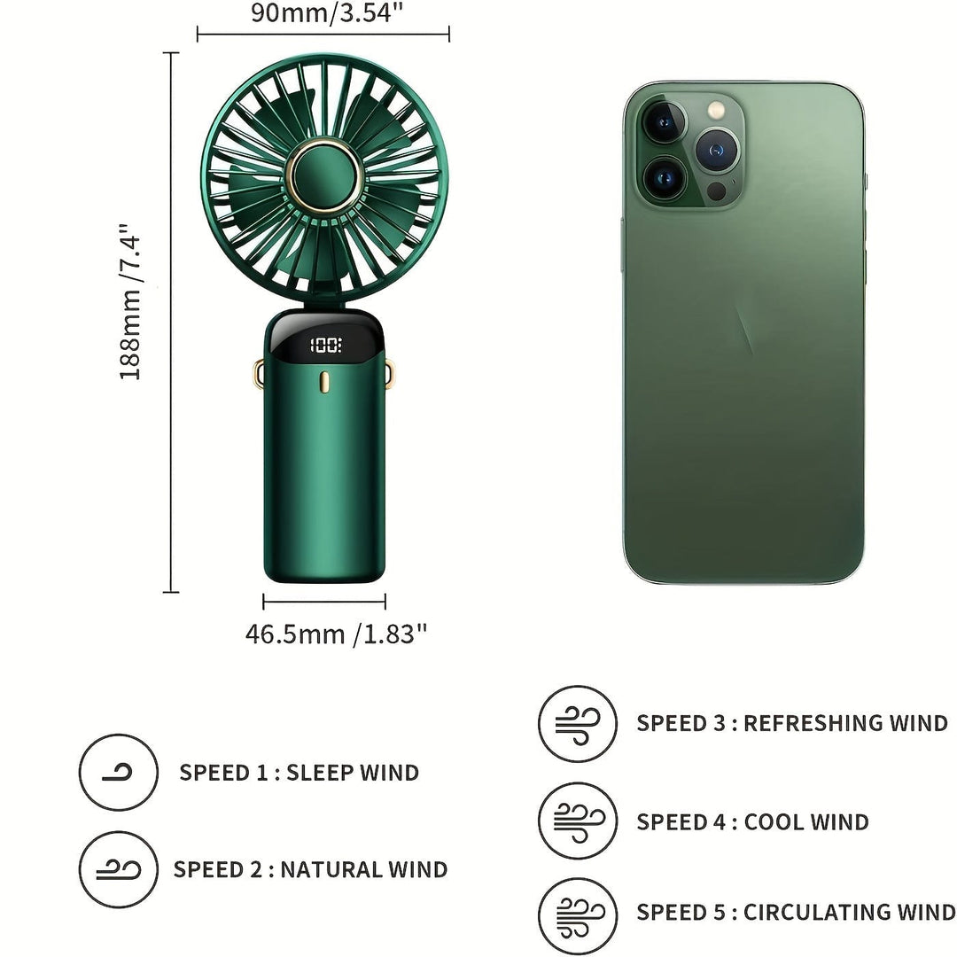 Tragbarer Handheld Mini Ventilator USB wiederaufladbar mit LED-Display 5 Geschwindigkeiten 90° faltbar batteriebetrieben für Büro Schlafzimmer Outdoor Reisen Camping Schulbedarf | Karnz