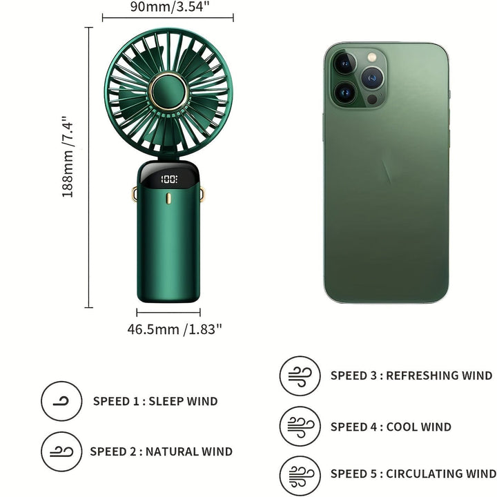 Tragbarer Handheld Mini Ventilator USB wiederaufladbar mit LED-Display 5 Geschwindigkeiten 90° faltbar batteriebetrieben für Büro Schlafzimmer Outdoor Reisen Camping Schulbedarf | Karnz