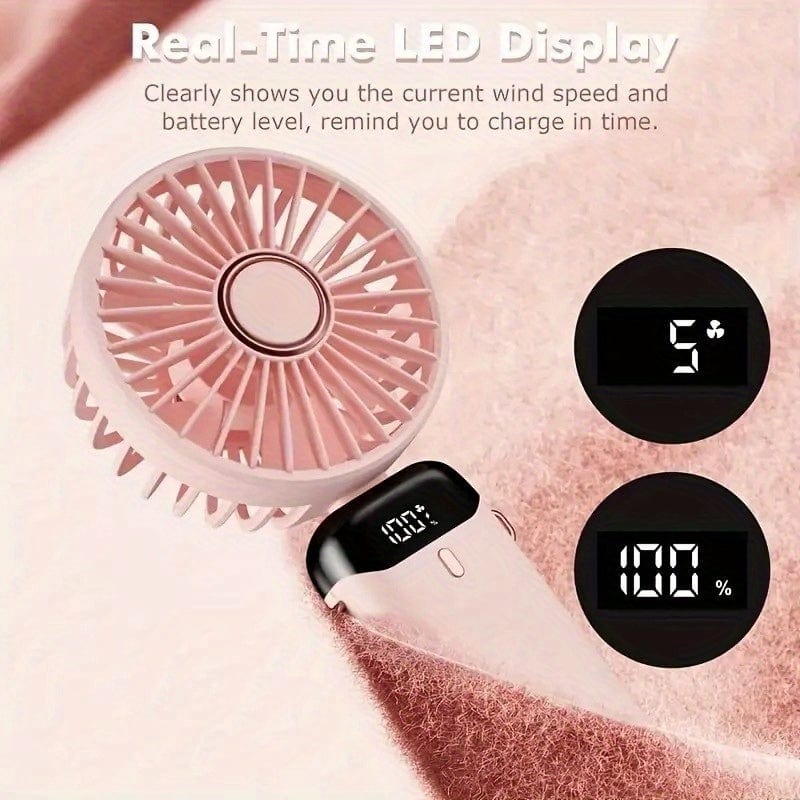 Tragbarer Mini-USB-Ventilator mit LED-Display 5 Geschwindigkeiten 21 Stunden Akkulaufzeit Leiser Betrieb Ideal für Sommerreisen und Haushaltsgebrauch | Karnz