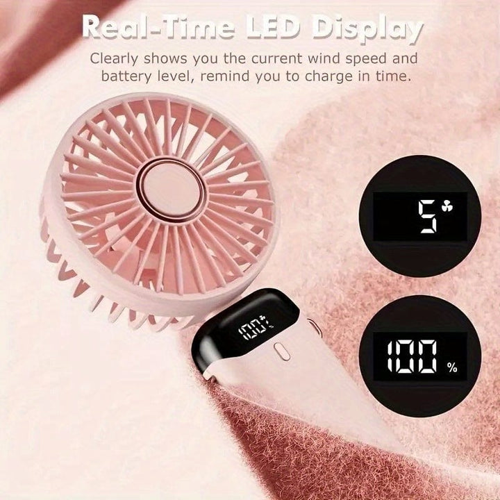 Tragbarer Mini-USB-Ventilator mit LED-Display 5 Geschwindigkeiten 21 Stunden Akkulaufzeit Leiser Betrieb Ideal für Sommerreisen und Haushaltsgebrauch | Karnz