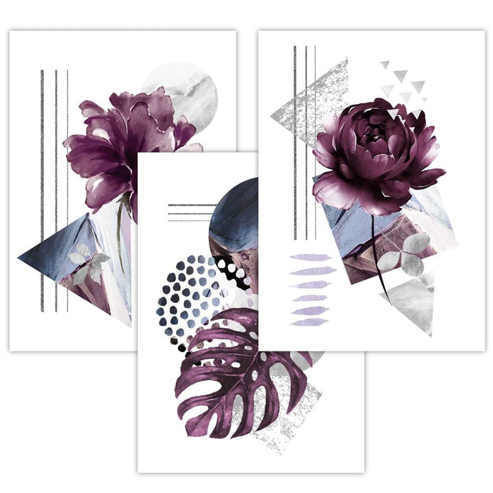 Abstrakte, lila und silbergraue florale Wandbilder mit Rahmen