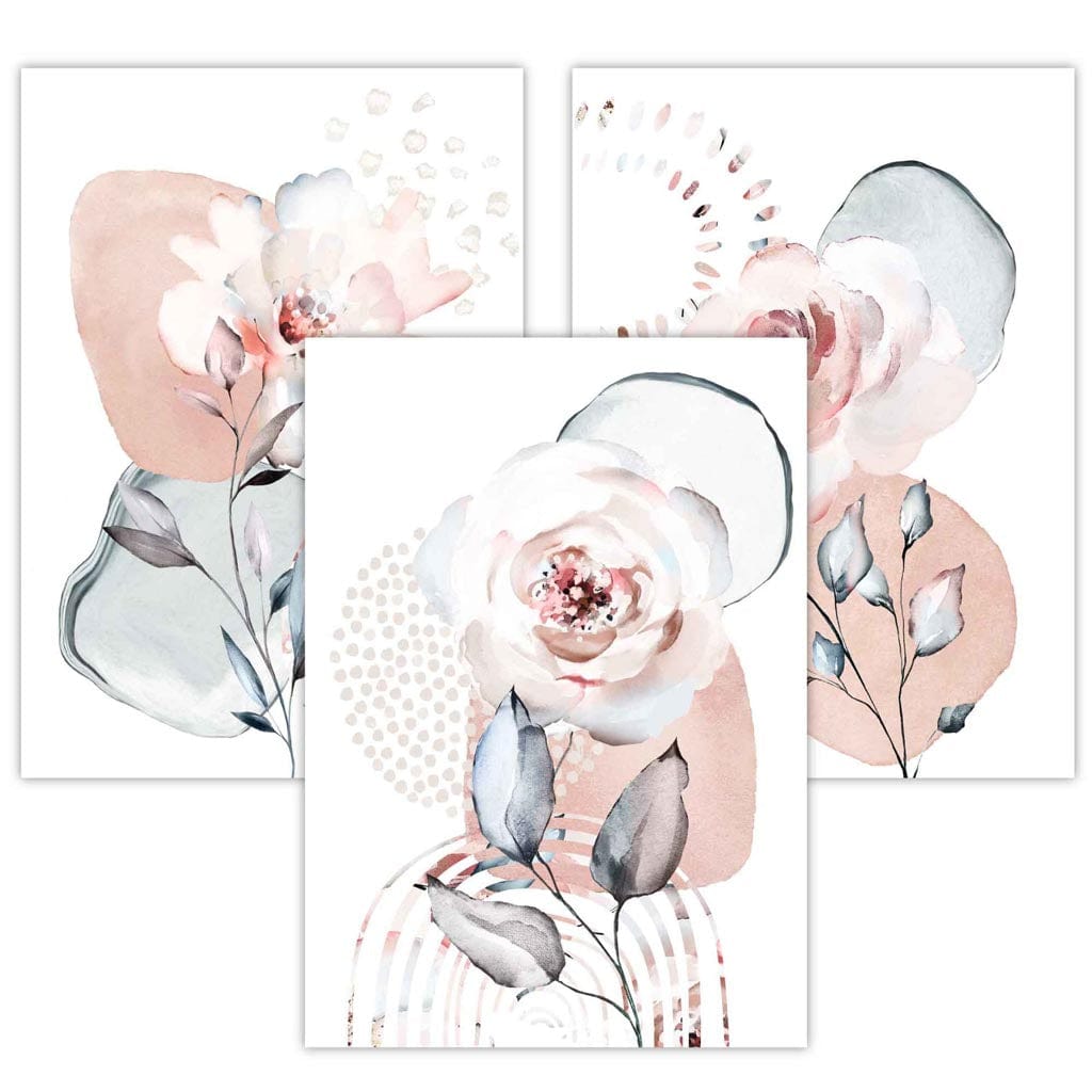 Abstrakte, rosafarbene und graue florale Wandbilder mit Rahmen