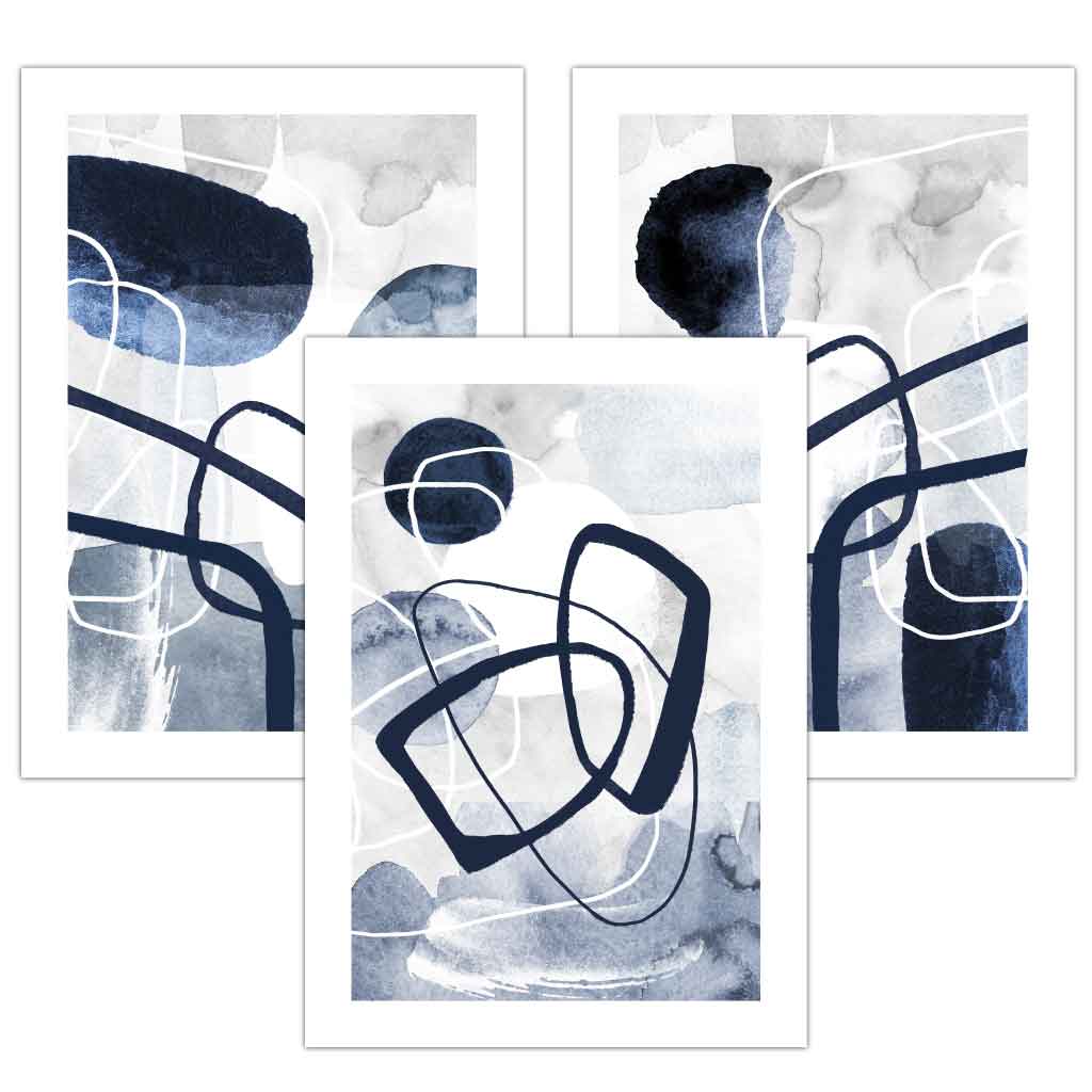 Abstrakte marineblaue Formen, 3er-Set gerahmter Wandbilder