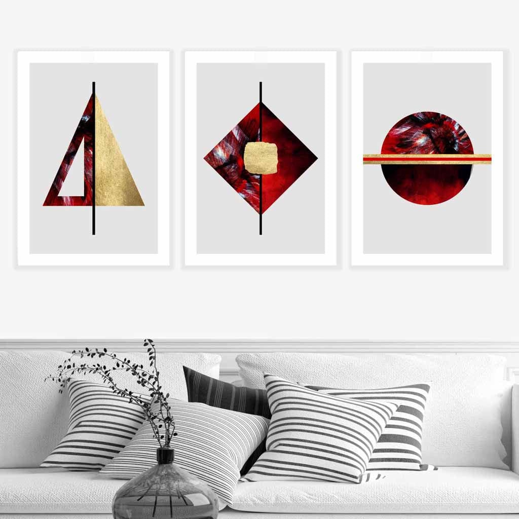 Art-Deco-Set aus 3 Wandbildern in Rot, Schwarz und Gold