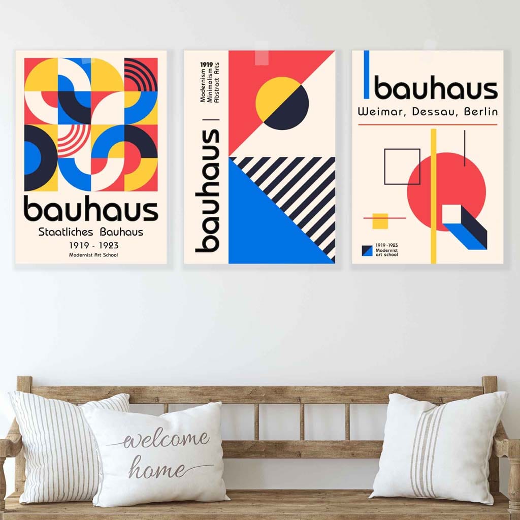 Bauhaus-Stil, Rot, Blau & Gelb, geometrisches 3er-Set Wandbilder