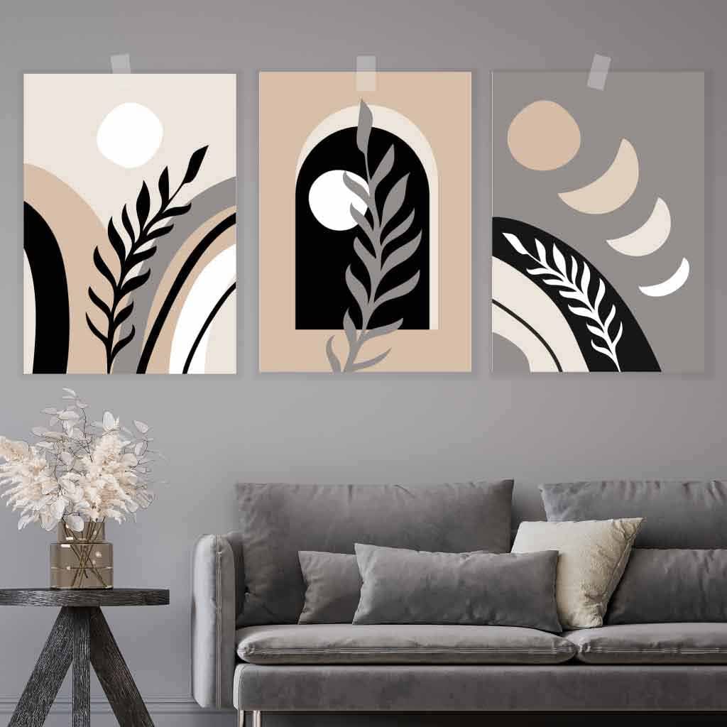 Boho-Stil, abstraktes 3er-Set Wandbilder in Schwarz, Beige und Grau