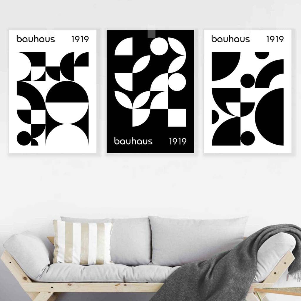 Grafische, schwarz-weiße, geometrische Wandkunst im Bauhaus-Stil, 3er-Set