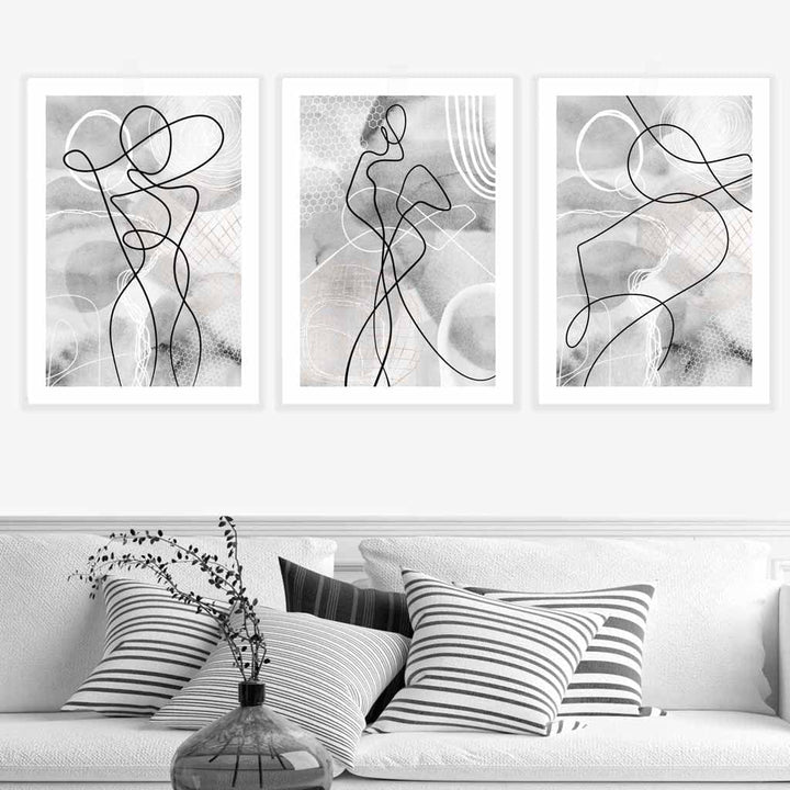 Abstraktes Set aus 3 Mode-Linienkunst-Wandbildern in Schwarz und Grau