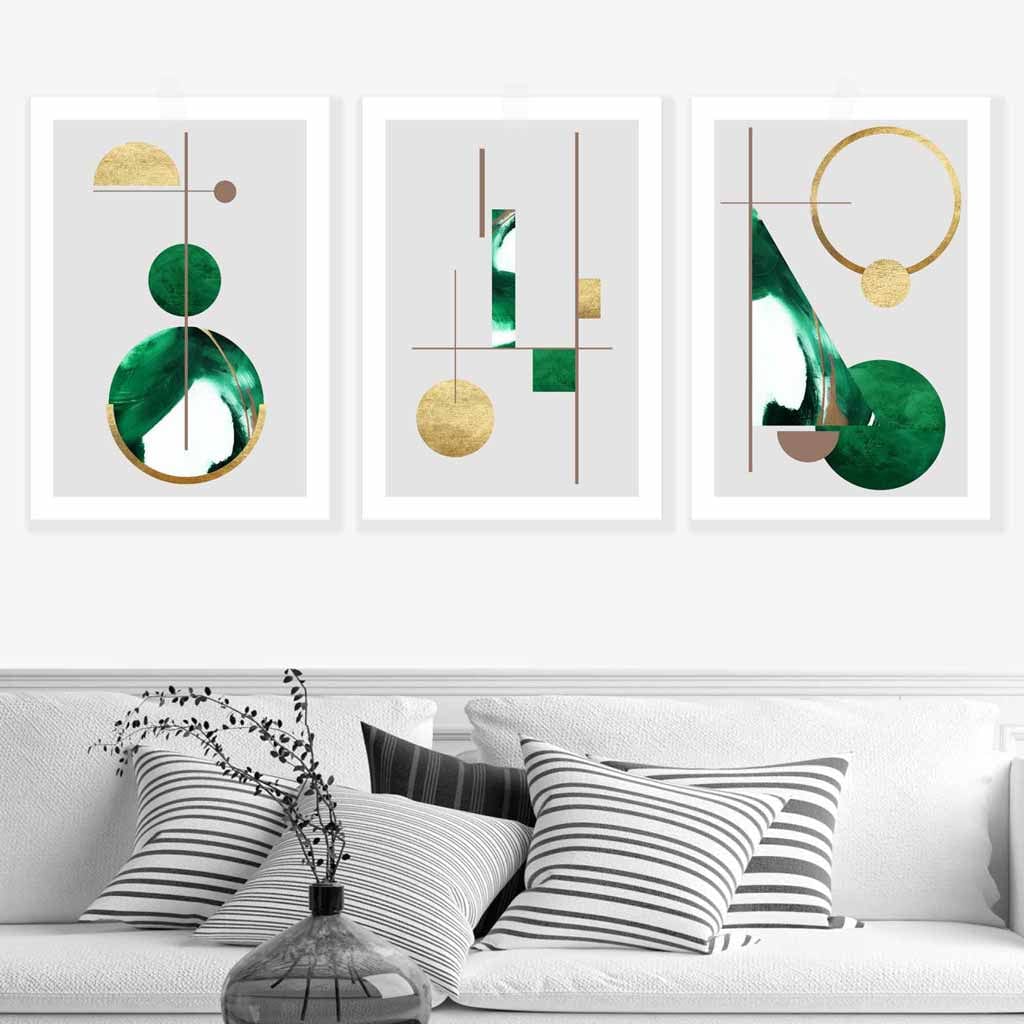 Art-Deco-Set aus 3 strukturierten, geometrischen Wandbildern in Grün und Gold