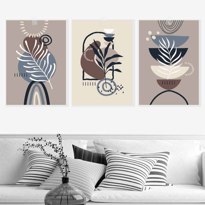 Boho-Botanisches Set aus 3 Wandbildern in Schwarz, Beige, Blau und Braun