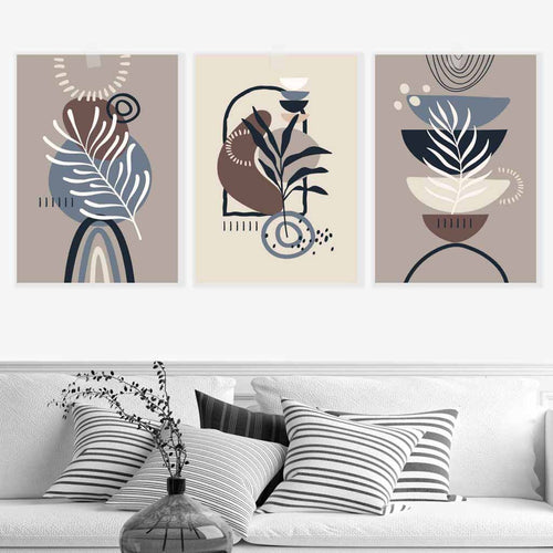 Boho-Botanisches Set aus 3 Wandbildern in Schwarz, Beige, Blau und Braun
