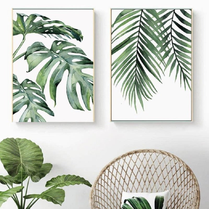 Aquarell-Wandbild mit grünen Tropenpflanzen – Leinwandbild