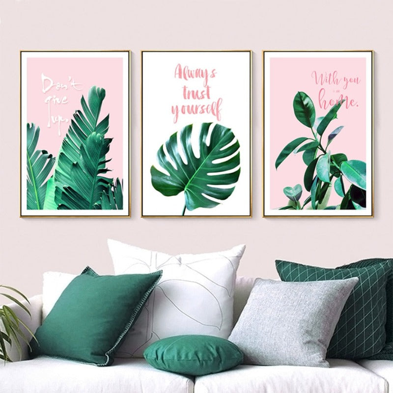 Rosa Hintergrund Grüne Tropische Blätter - Leinwand Wandkunst Malerei