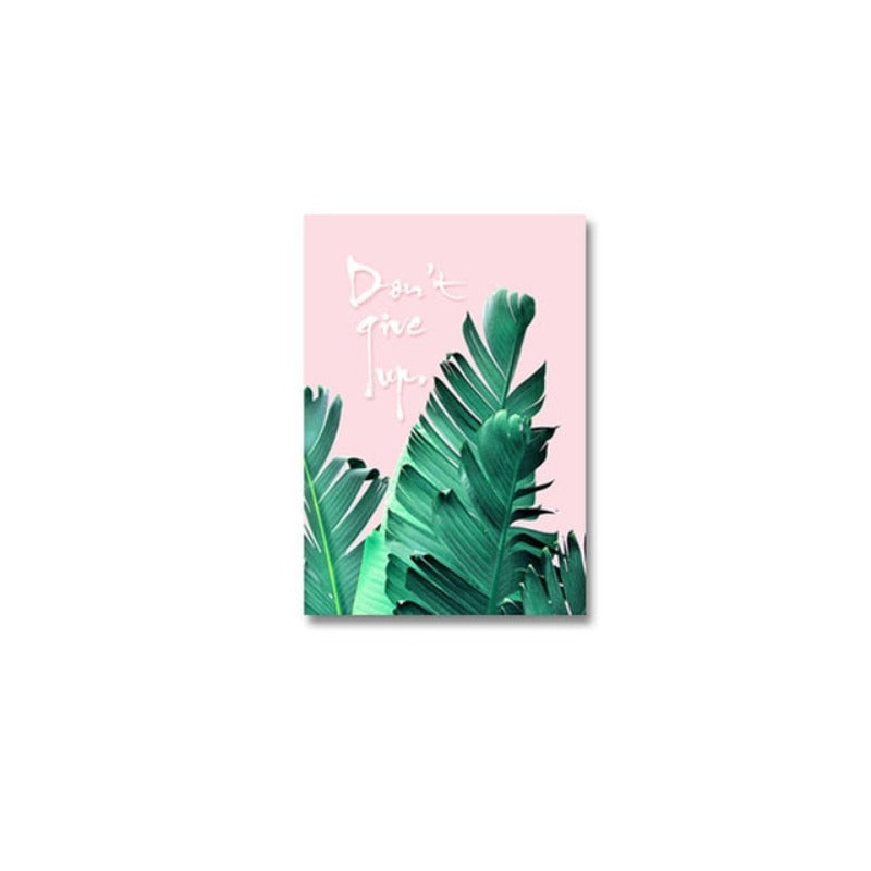 Rosa Hintergrund Grüne Tropische Blätter - Leinwand Wandkunst Malerei
