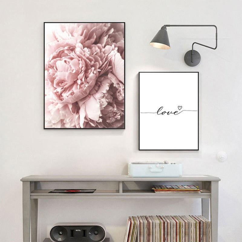 Modernes minimalistisches Schriftzug-Gemälde mit rosa Pfingstrosenblume – Leinwandbild