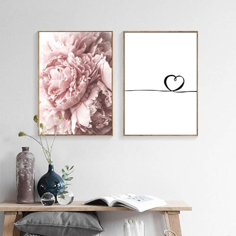 Modernes minimalistisches Schriftzug-Gemälde mit rosa Pfingstrosenblume – Leinwandbild