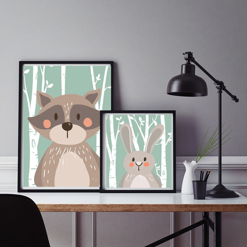 Waldtiere Kaninchen Fuchs Bär Kinderzimmer - Leinwandbild