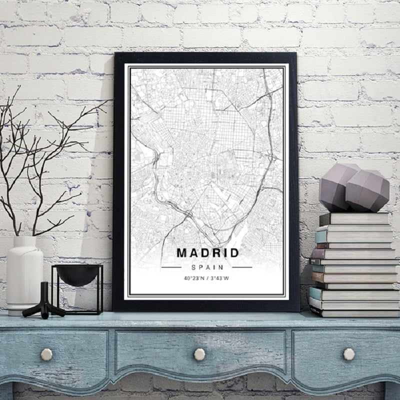 Schwarz-Weiß Madrid Stadtkarte Breitengrad Längengrad Drucke Poster
