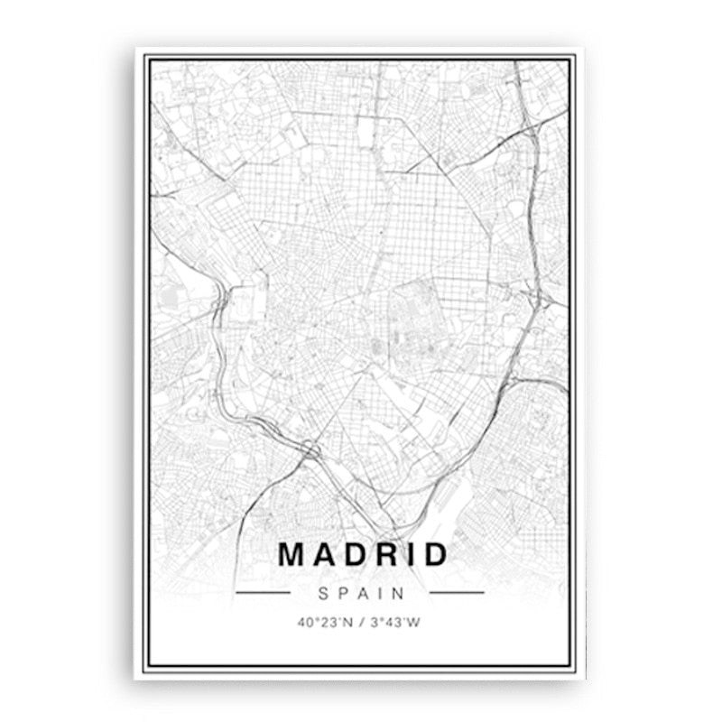 Schwarz-Weiß Madrid Stadtkarte Breitengrad Längengrad Drucke Poster