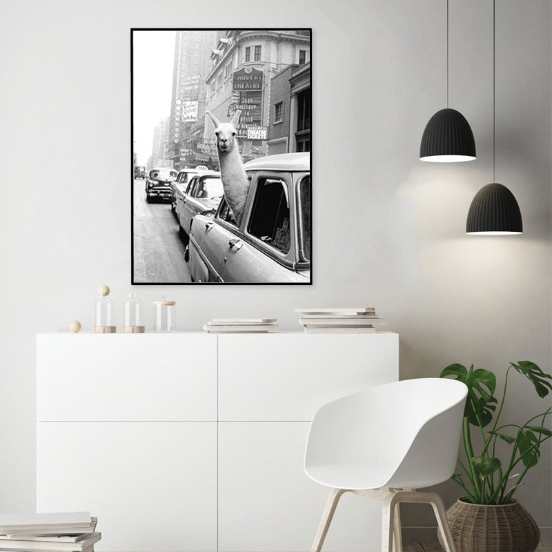 Alpaka im Taxi - Leinwand Wandkunst Malerei