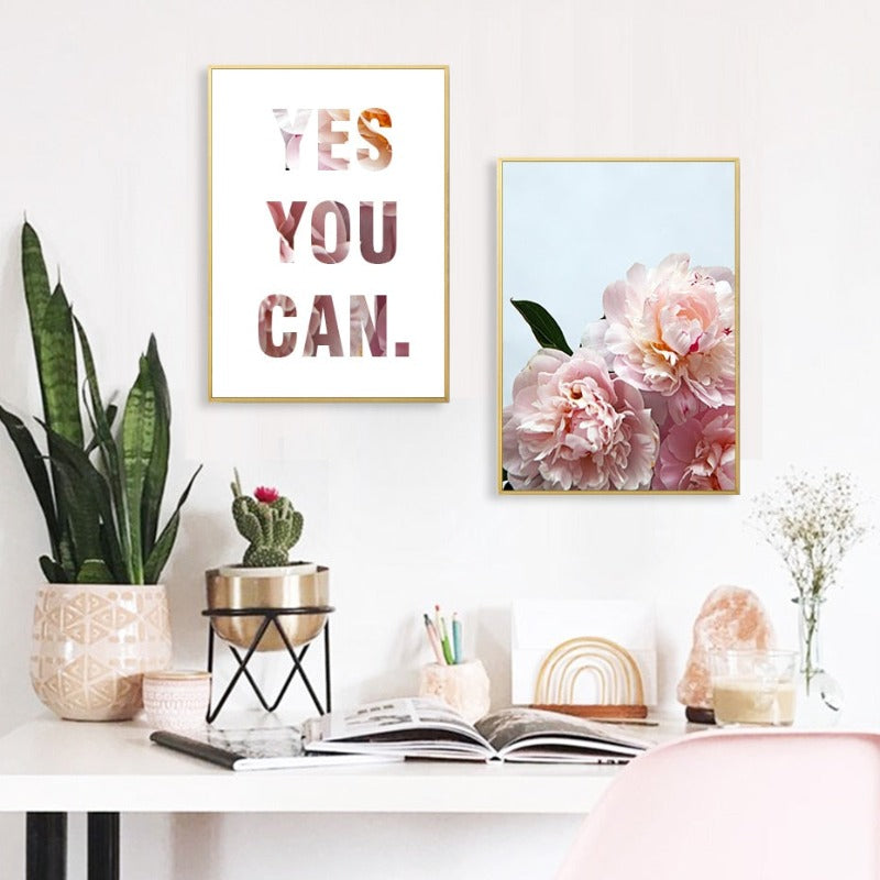 Pink Peony Floral Ja Du Kannst Zitate - Leinwand Wandkunst Gemälde