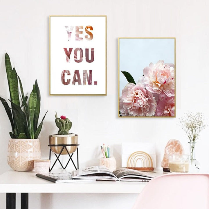 Pink Peony Floral Ja Du Kannst Zitate - Leinwand Wandkunst Gemälde