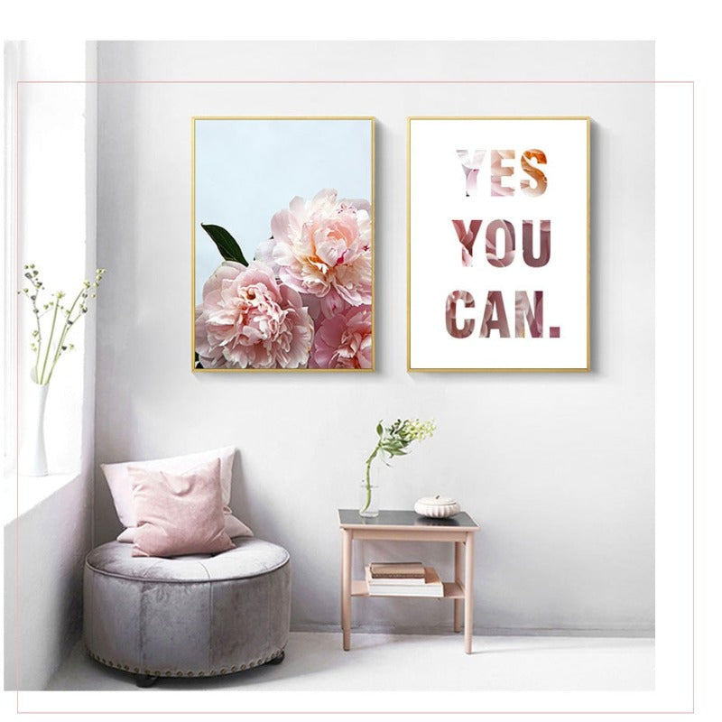 Pink Peony Floral Ja Du Kannst Zitate - Leinwand Wandkunst Gemälde