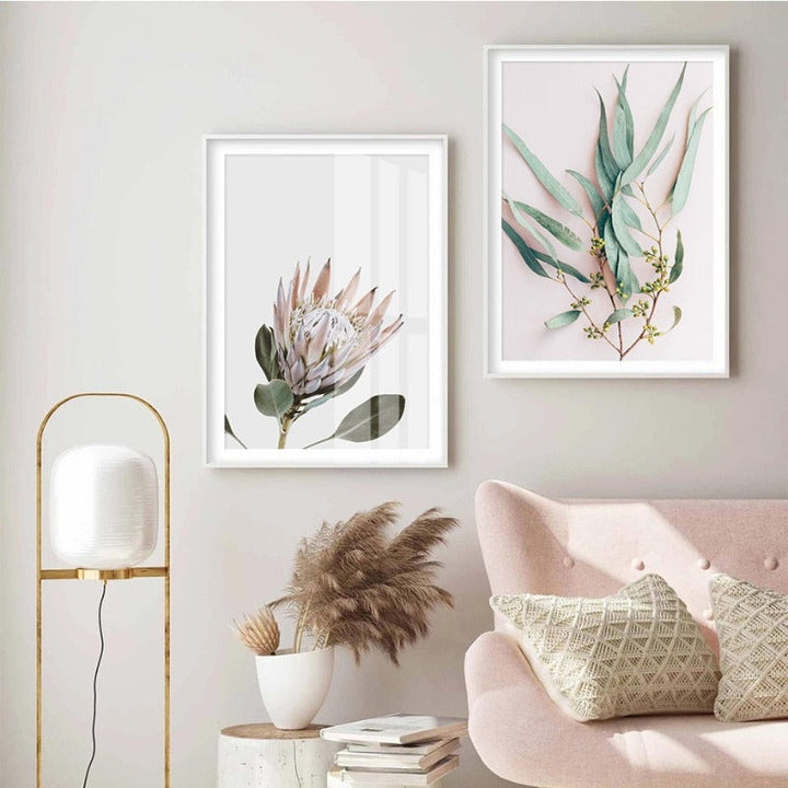 Moderne Pflanzenblätter, Königsprotea-Blüten - Leinwandbild