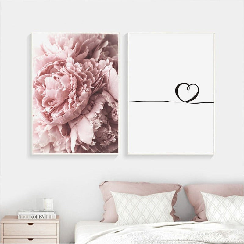 Modernes minimalistisches Schriftzug-Gemälde mit rosa Pfingstrosenblume – Leinwandbild