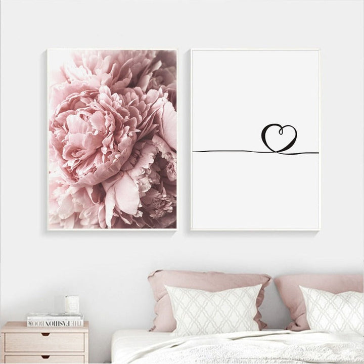 Modernes minimalistisches Schriftzug-Gemälde mit rosa Pfingstrosenblume – Leinwandbild