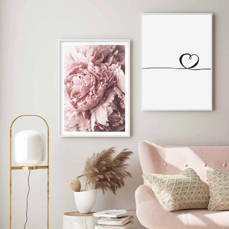 Modernes minimalistisches Schriftzug-Gemälde mit rosa Pfingstrosenblume – Leinwandbild