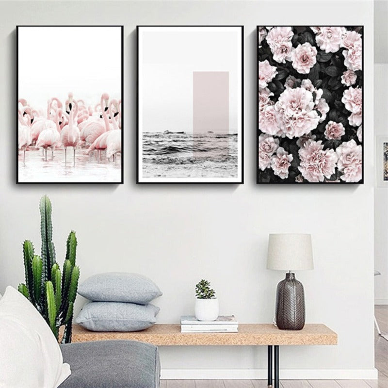 Modernes rosa Flamingo-Blumenbild auf Leinwand