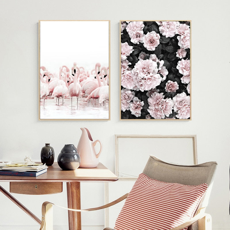 Modernes rosa Flamingo-Blumenbild auf Leinwand