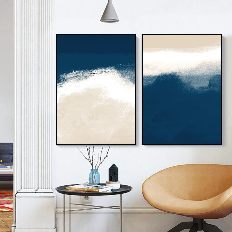 Abstraktes Aquarellgemälde in Marineblau und Beige – Leinwandbild