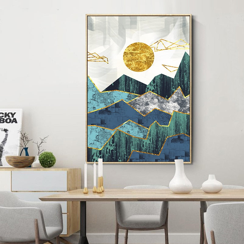 Vintage abstrakte geometrische Sonnenaufgangsszene als Wandbild – Leinwandgemälde