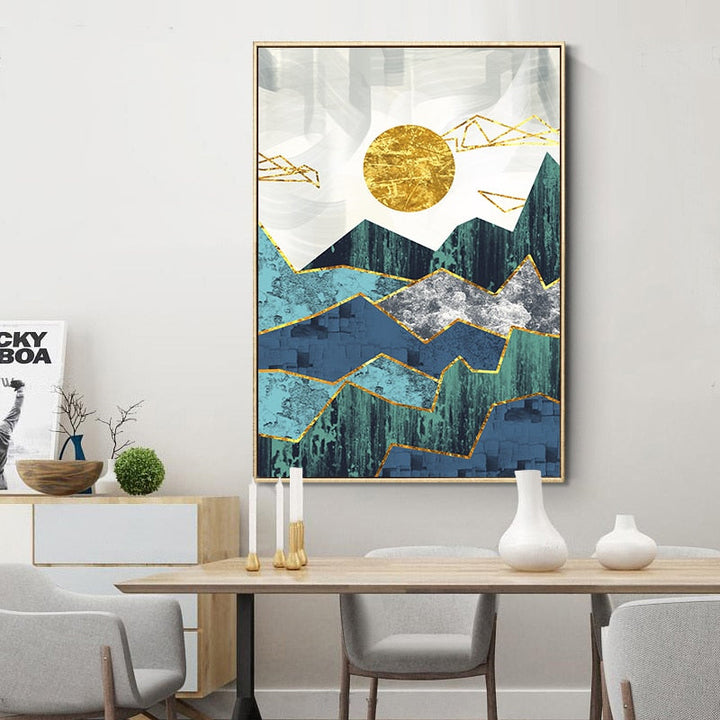 Vintage abstrakte geometrische Sonnenaufgangsszene als Wandbild – Leinwandgemälde