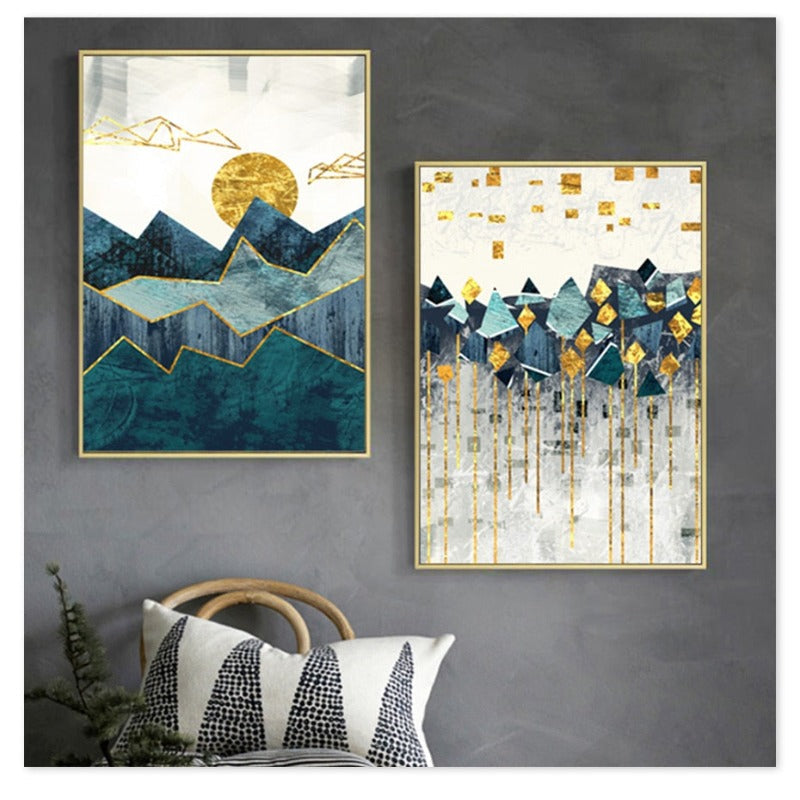 Vintage abstrakte geometrische Sonnenaufgangsszene als Wandbild – Leinwandgemälde
