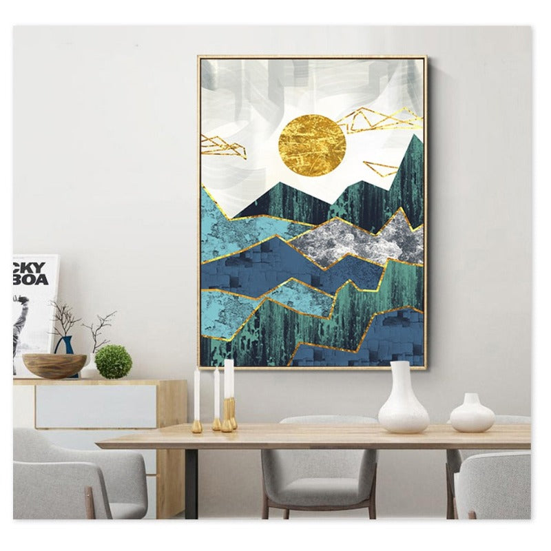 Vintage abstrakte geometrische Sonnenaufgangsszene als Wandbild – Leinwandgemälde