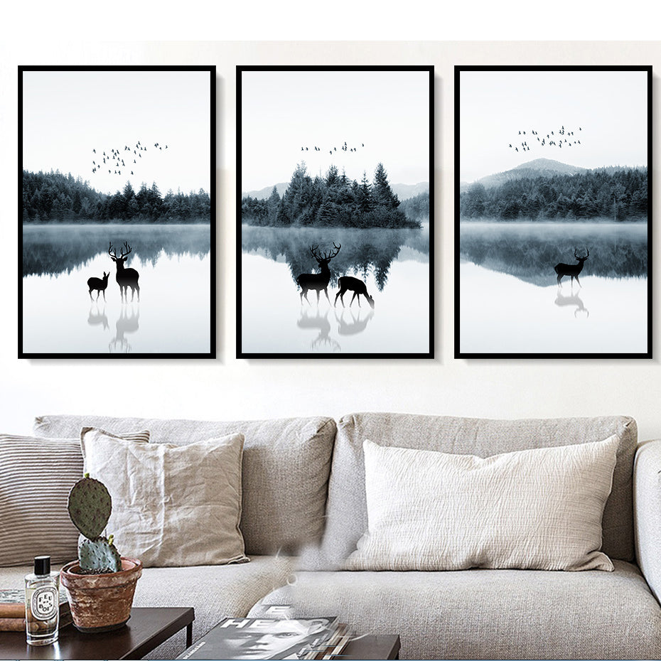Nordische Landschaft mit Hirschen – Leinwandbild