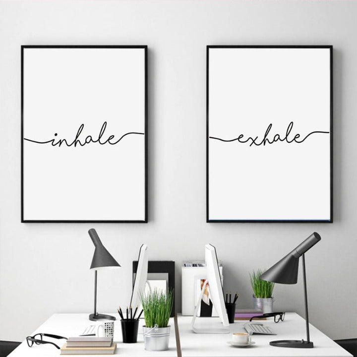 Minimalistisch Schwarz Weiß Ausatmen Einatmen Buchstaben - Leinwand Wandkunst Malerei