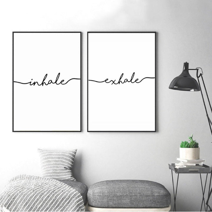 Minimalistisch Schwarz Weiß Ausatmen Einatmen Buchstaben - Leinwand Wandkunst Malerei