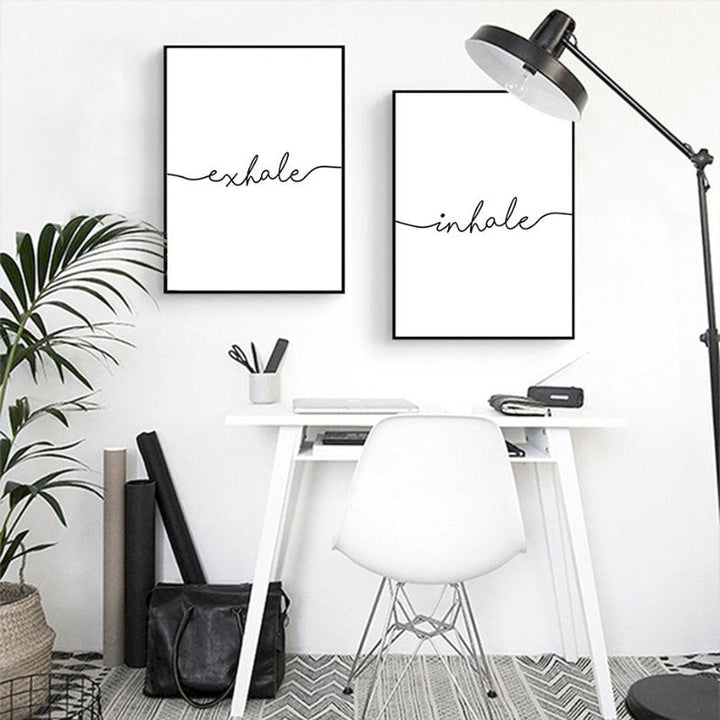 Minimalistisch Schwarz Weiß Ausatmen Einatmen Buchstaben - Leinwand Wandkunst Malerei