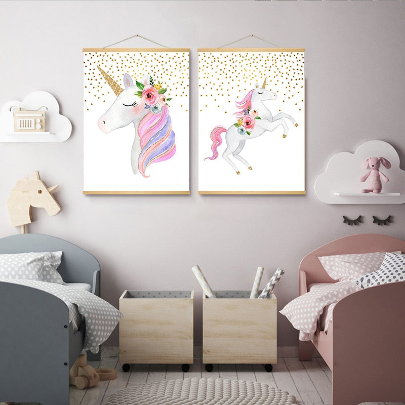 Modernes Cartoon-Einhorn in Rosa - Leinwandbild