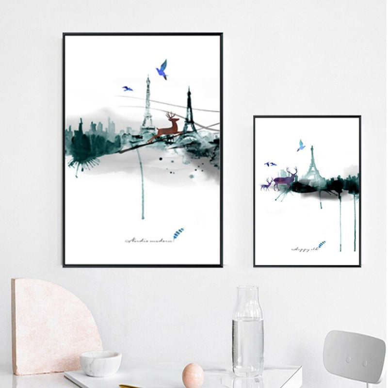 Abstract Paris Eiffel Tower Deer - Leinwand Wandkunst Gemälde