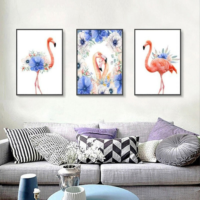 Nordische Tiere, Flamingo, Lila Blume - Leinwandbild