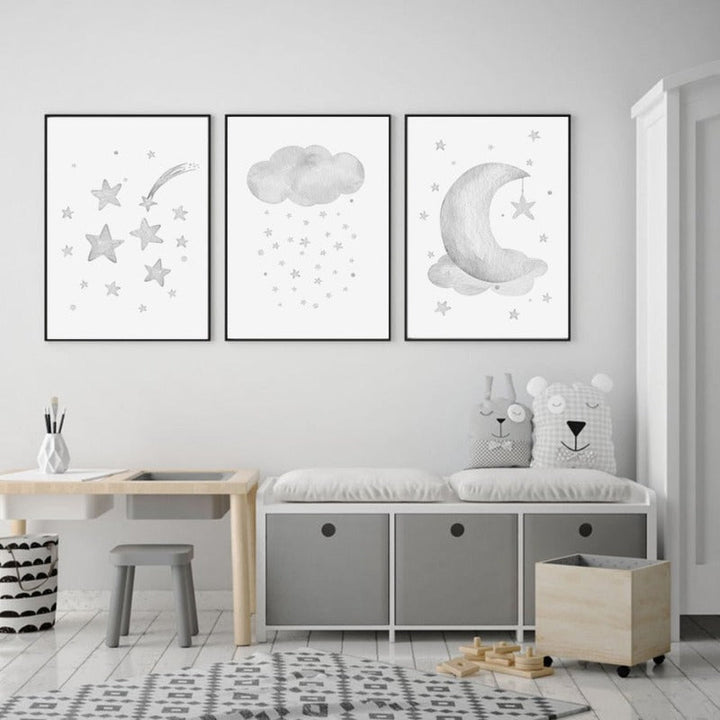 Graue Mond Sterne Wolke Kinderzimmer - Leinwand Wandkunst Malerei