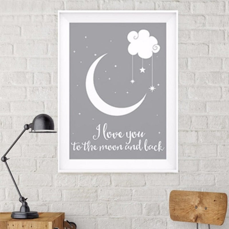 Kinderzimmer-Poster „Ich liebe dich bis zum Mond und zurück“ mit Heißluftballon
